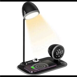 Black 3-in-1 LED Desk Lamp with Wireless Charger and Alarm Clock